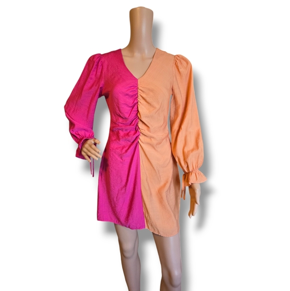 Women's Two Tones Flounce Sleeve Ruched Dress Pink/ Orange Peach - Picture 2 of 16